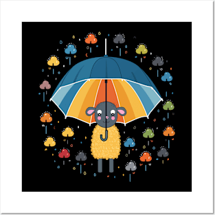 Sheep Rainy Day With Umbrella Posters and Art